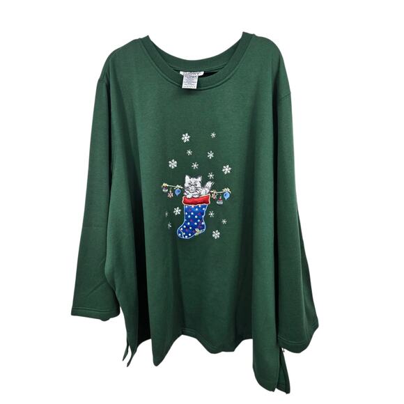 Retro 90s Y2K Embroidered CAT Christmas Sweatshirt Women's Plus 5X Green Grandma - Picture 1 of 8